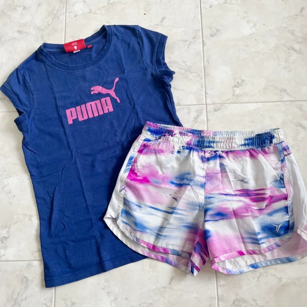 Set of PUMA Graphic Tee Shirt XL & Athletic Active Old Navy Shorts Girls Large